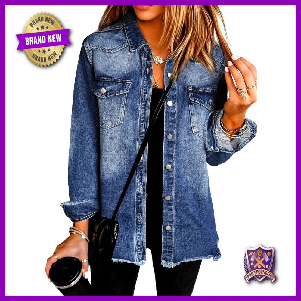 Oversized Denim Shacket Frayed Hem Button Down Casual Long Sleeve Y2K